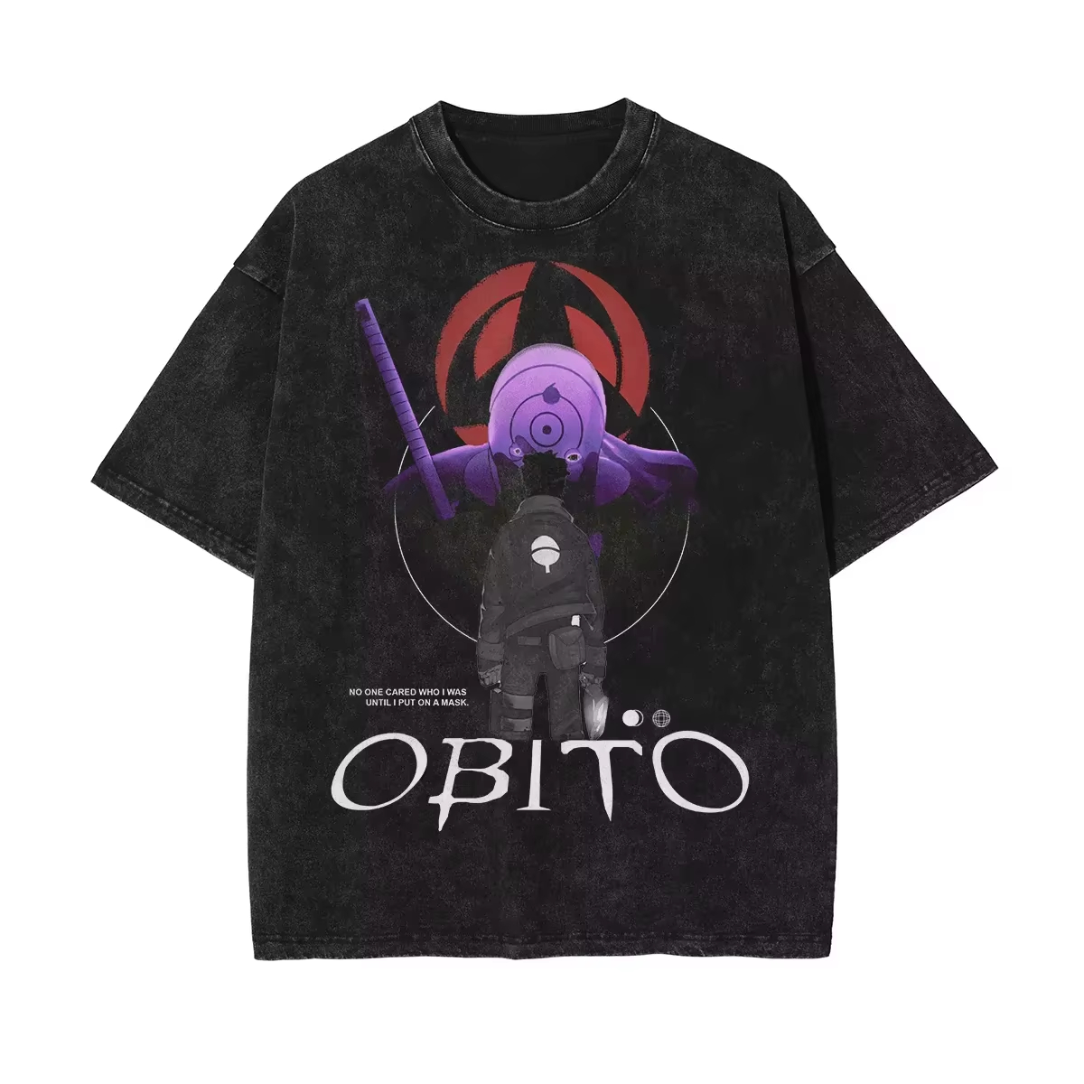 Anime Cosplay Obito - 2026年新作 夏用 オーバーサイズ ナルト うちはオビト ウォッシュドTシャツ、ヴィンテージ風ダメージ加工アニメストリートウェア、男女兼用グラフィックトップス