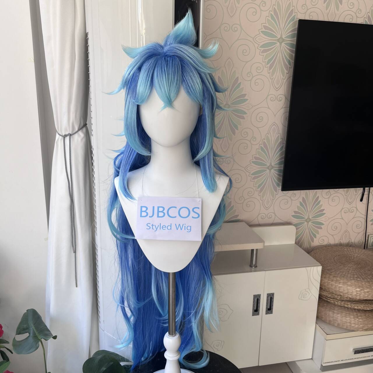 Anime Cosplay Mujer - [スタイリッシュウィッグ]イディアコスプレウィッグアニメツイストウィッグワンダーランドシュルド110CMロンググラデーションブルーヘア男性女性ハロウィンパーティーロールプレイ