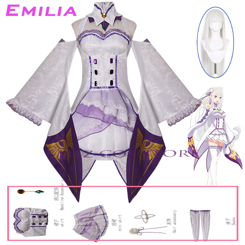 Anime Cosplay Mujer - エミリアコスプレアニメ再ゼロカラハジメル異世界生活衣装白制服ドレスウィッグセットハロウィンパーティー衣装女性用
