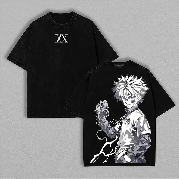 Cosplay Anime Killua Zoldyck - ハンター×ハンター キルア・ゾルディック ライトニンググラフィック 両面プリント 日本アニメ ヴィンテージ