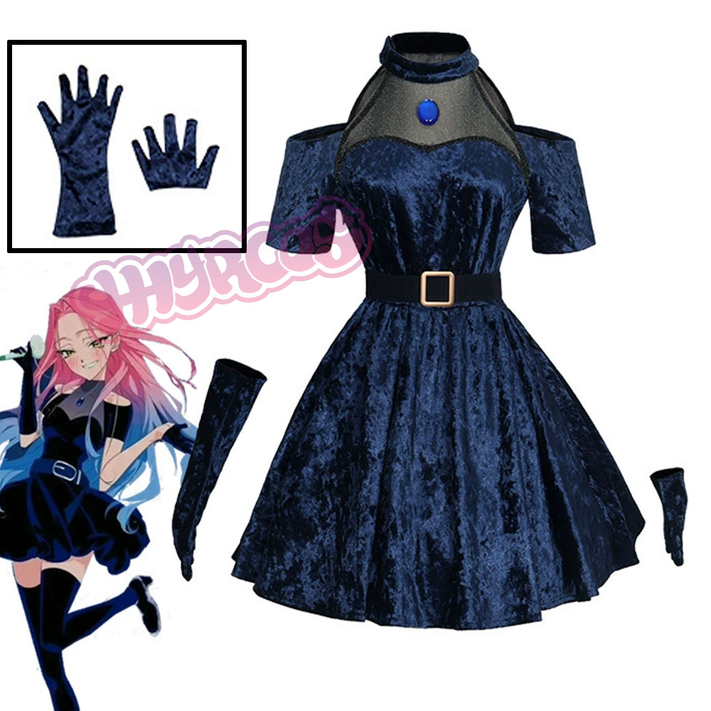 Anime Cosplay Long Hair - Mizi コスプレアニメエイリアンステージ衣装ダークブルードレスピンクブルーロングヘア手袋ストッキングベルトセット制服クリスマス用