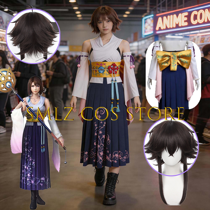 Anime Cosplay Mujer - Smlz FFX ユナコスプレアニメ FF10 X 衣装女性あなたナ着物ドレス小道具ウィッグセットハロウィンパーティー演劇衣装