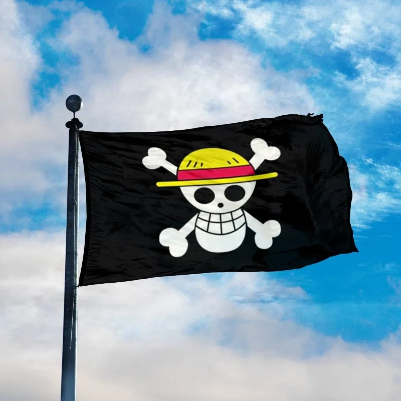 One Piece Straw Hat - ワンピース、フラッグ猿d。ルフィスカルポリエステルフラッグ、麦わら帽子、海賊トランペットのバナー、家の装飾、90x150cm