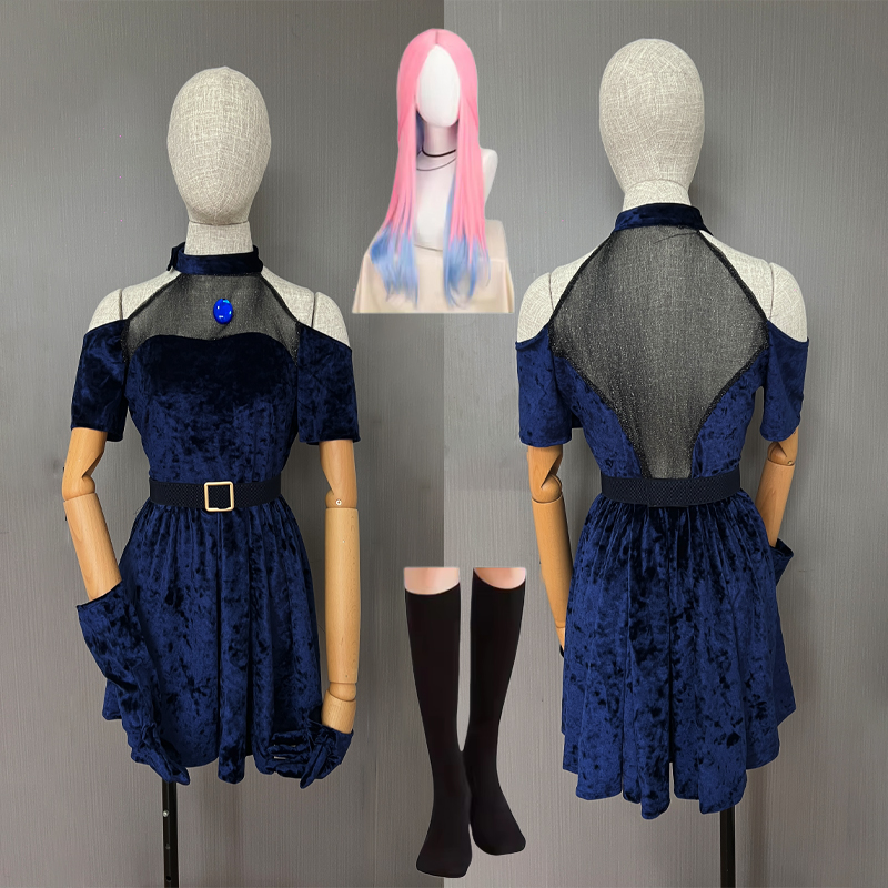 Anime Cosplay Long Hair - アニメエイリアンステージミジコスプレ衣装ウィッグダークブルードレスピンクブルーロングヘアグローブストッキングベルトセット制服クリスマス用
