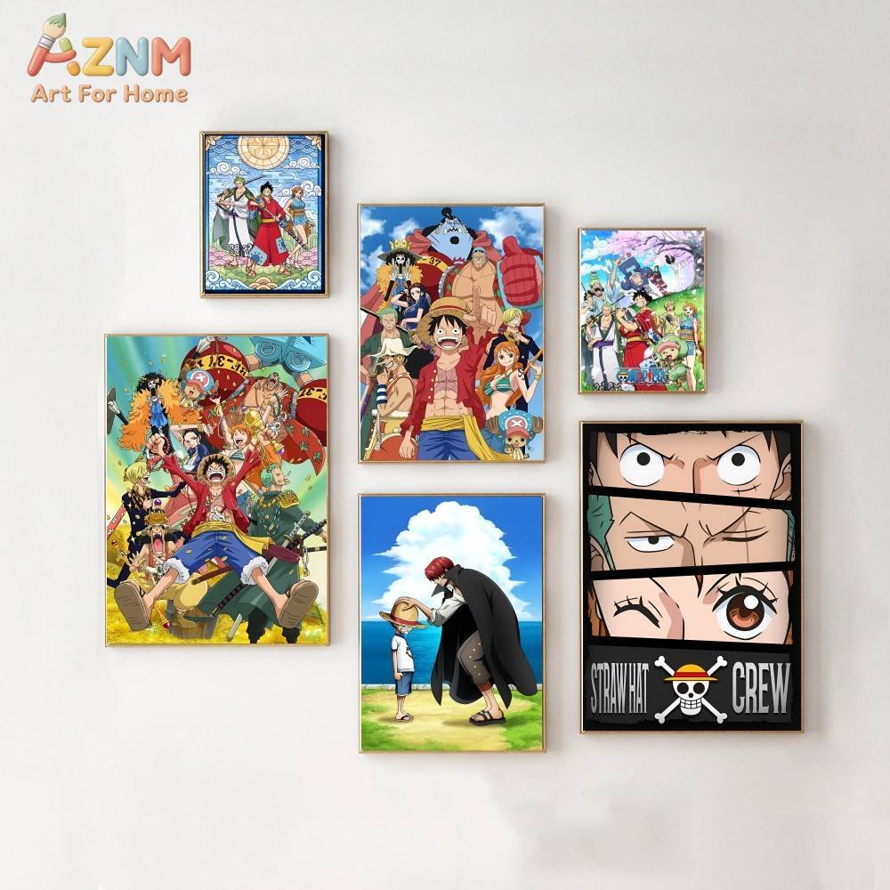 One Piece Straw Hat - AZNM ワンピース非フレームキャンバスプリント麦わら帽子クルールフィシャンクスアニメキャラクターコラージュ壁アートポスター寝室の家の装飾