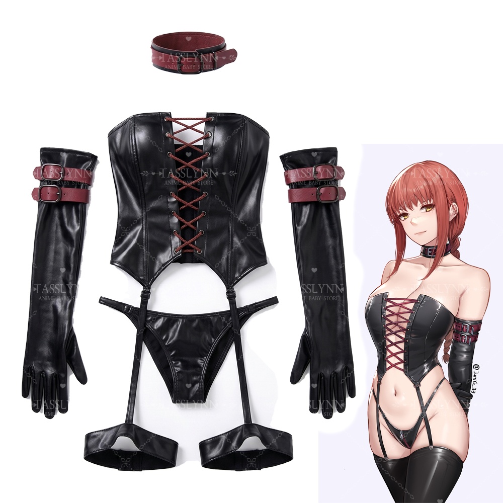 Anime Cosplay Makima - マキマコスプレ衣装 ブラックレッドコルセットセット コミックコン＆写真撮影用 マキマ レザーランジェリースタイル衣装