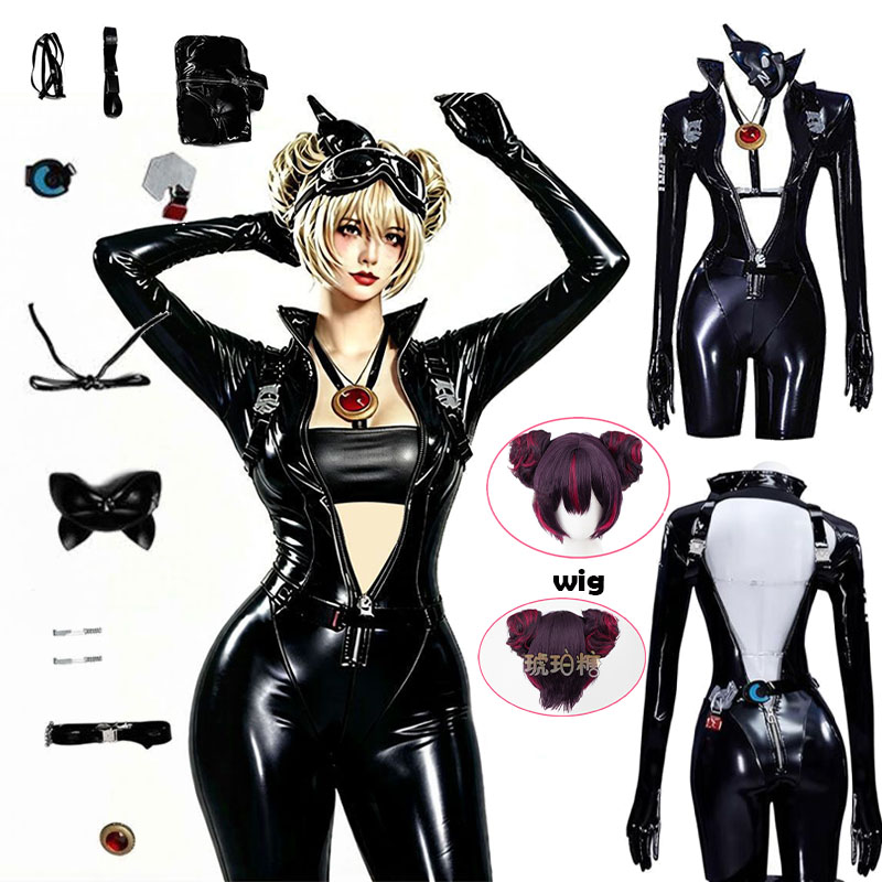 Anime Cosplay Props - WHH アニメニッケクエンシーコスプレ衣装黒のボディスーツマスクベルト付き素敵なステッチコスプレ衣装女性ロールプレイパーティー