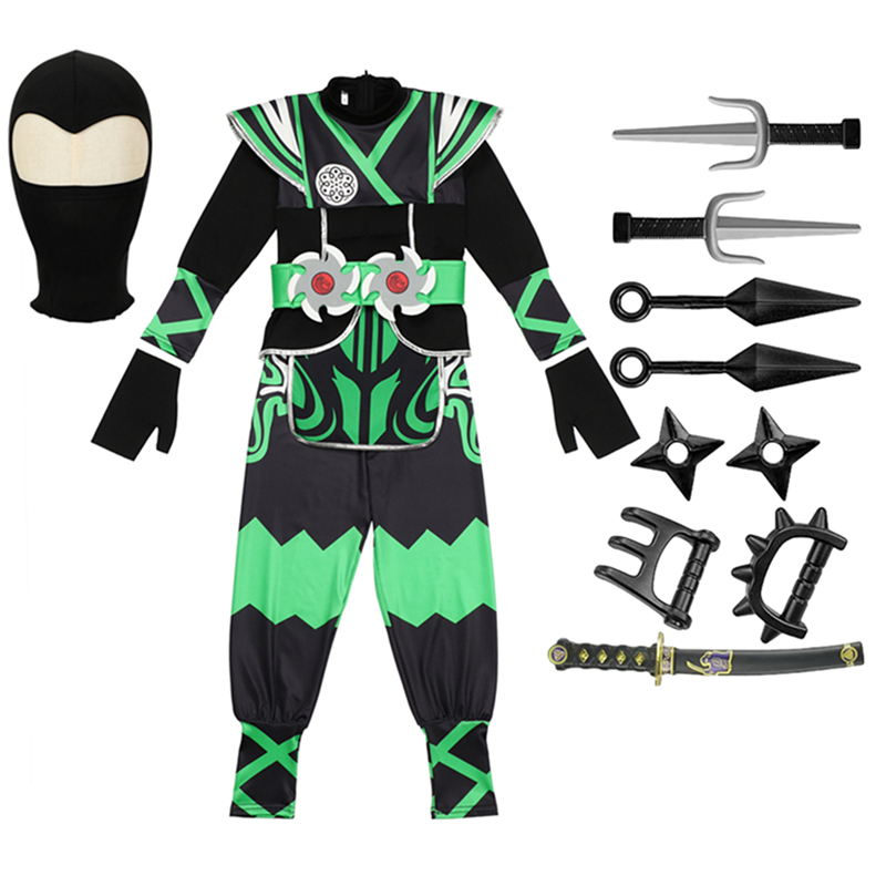 グリーン忍者コスチューム 子供用 9PCおもちゃセット付き  - Anime Cosplay Boy のレビューと価格